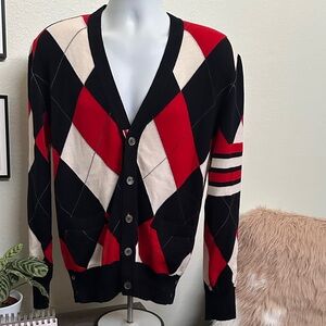 Thom Browne 100% wool Argyle Patterned Cardigan Sweater - Red, Black, Cream
